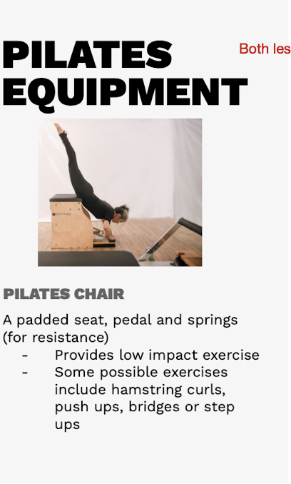<p>Pilates Equipment: Pilates Chair </p><ul><li><p>What makes up a Pilates Chair? (3)</p></li><li><p>Provides what?</p></li><li><p>Possible exercises include what 4?</p></li></ul><p></p><p></p>