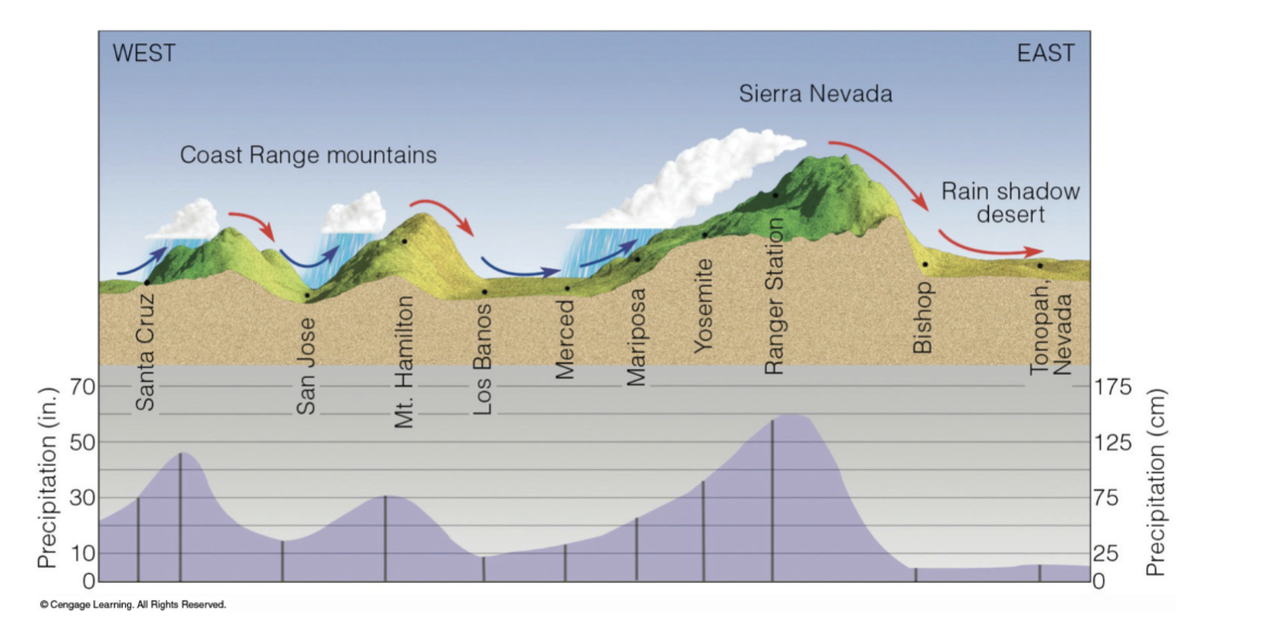 a dry area that receives little rainfall due to its position near mountains

* As air rises, it can’t hold as much water, so at the top of a mountain it is wet and has lots of precipitation
* by the time it gets to the other side of the mountain, the air can lower and heat up, meaning less precipitation