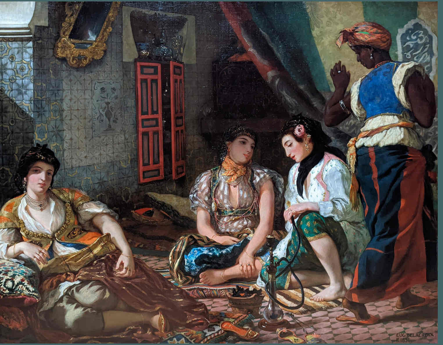 <p>Depicts a scene of four Algerian women in their lavishly decorated apartment, presenting them as exotic subjects for the European viewer's gaze. Delacroix's depiction of opium use and sexual connotations further underscores the Orientalist discourse that justifies colonial domination and exploitation.</p>