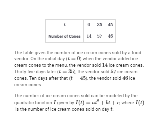 <p><span>(ii) Use the average rate of change found in (i) to estimate the number of ice cream cones sold on&nbsp;day&nbsp;𝑡=40. Show the work that leads to your answer.</span></p>