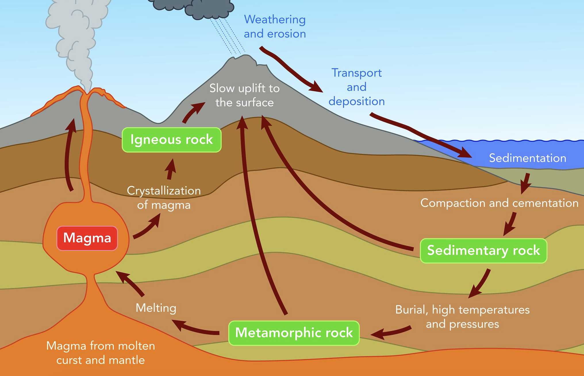 <p>The geological cycle governing the constant formation, alteration, and destruction if rock material that results in forms when magma rises yo and cools in a place underground.</p>