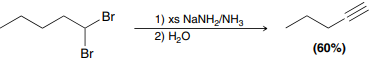 <p>Used to prepare alkynes from alkyl dihalides (only use H2O if alkyne is terminal)</p>