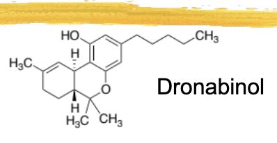 <p>pure isomer of delta 9 THC</p><p>used for anorexia in AIDS pts and CINV, may also be useful for pts with Tourette’s</p><p>ADR: seizures, paranoia, fast heart rate, light-headedness, cannabinoid effect</p><p>syndros: dronabinol oral solution that was FDA approved in 2016 </p>