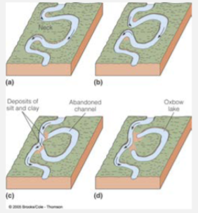 <p>Meander bends cut off by erosion of the narrow neck results in crescent shaped lakes</p>