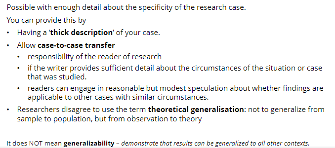 <p>= has the extend of the findings’ applicability been considered? What are the boundary conditions?</p><p>-<span style="font-family: Times New Roman">&nbsp;&nbsp;&nbsp;&nbsp;&nbsp;&nbsp; </span>Parallel to <strong>external validity</strong></p>