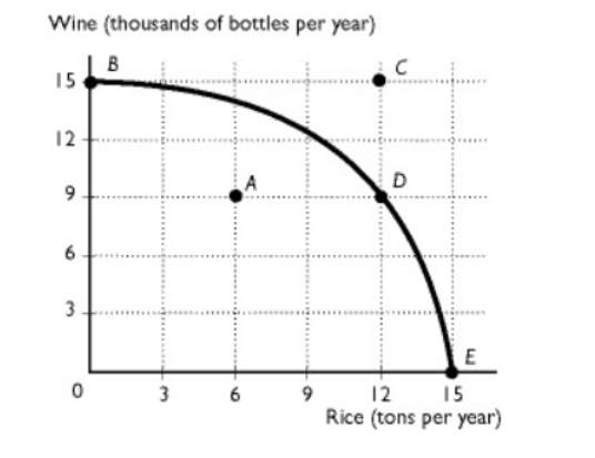 <p>The figure shows the production possibility frontier for a country. Suppose the country is producing at point E. What would be the opportunity cost to increase the production of wine to 9 thousand bottles?</p><p>A. Nothing, it is a free lunch</p><p>B. 12 tons of rice</p><p>C. 15 thousand bottles of wine</p><p>D. 3 tons of rice</p><p>E. 9 thousand bottles of wine</p>