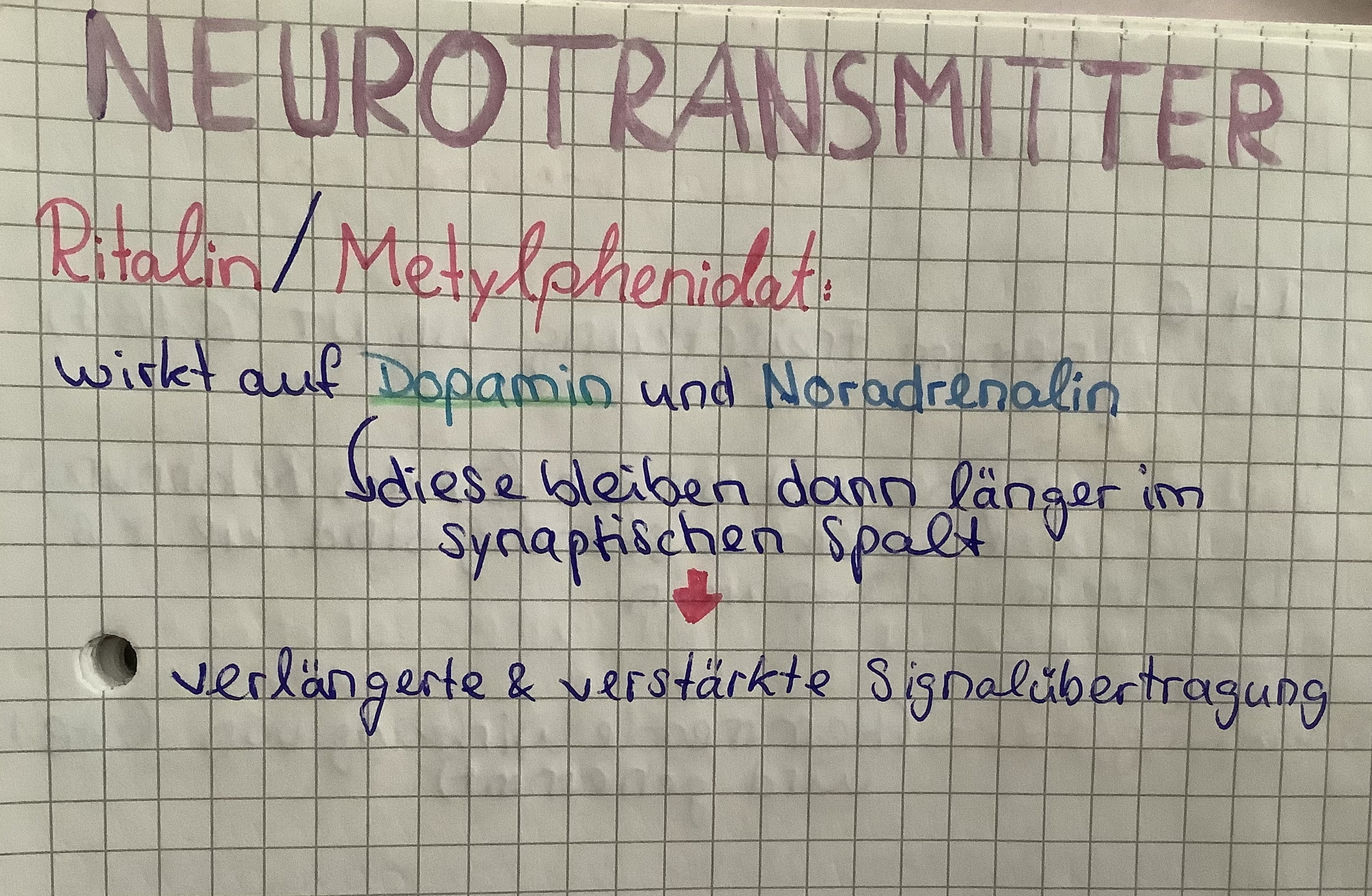 <p>Wirkt auf Dopamin und Noradrenalin</p><p>Diese bleiben dann länger im synaptischen Spalt → verlängerte &amp; verstärkte Signalübertragung</p>