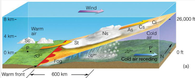 <ul><li><p><span style="font-family: &quot;Times New Roman&quot;, serif">occurs when a warmer airmass catches up to a colder airmass</span></p></li><li><p><span style="font-family: &quot;Times New Roman&quot;, serif">warm moist air rises, condenses producing clouds and precipitation ahead of and at the surface front boundary</span></p></li><li><p><span style="font-family: &quot;Times New Roman&quot;, serif">clouds are thicker and lower nearer to the front boundary and extensive</span></p></li><li><p><span style="font-family: &quot;Times New Roman&quot;, serif">gentle slope -&gt; ~1:150 - 1:200</span></p></li><li><p><span style="font-family: &quot;Times New Roman&quot;, serif">speed -&gt; 25 km/hour</span></p></li></ul><p></p>