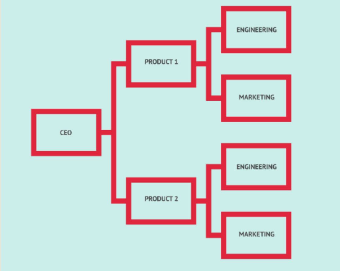 <p><strong><u>Organizational Structures</u></strong></p><ul><li><p>Groups are organized according to the<strong><em> projects, or products</em></strong> the company focuses on.</p></li><li><p>Structure is <strong><em>more flexible</em></strong> to the hierarchical organization.</p></li></ul><p></p>