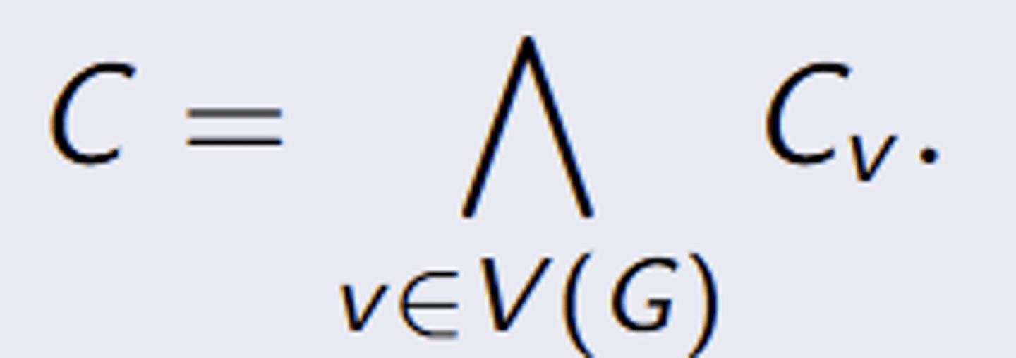 <p>Cv = (x(v, 1) ∨ x (v , 2) ∨ x (v , 3))</p><p>Cv ensures that vertex v is assigned some colour |D</p><p>combine all vertices: (in image)</p>