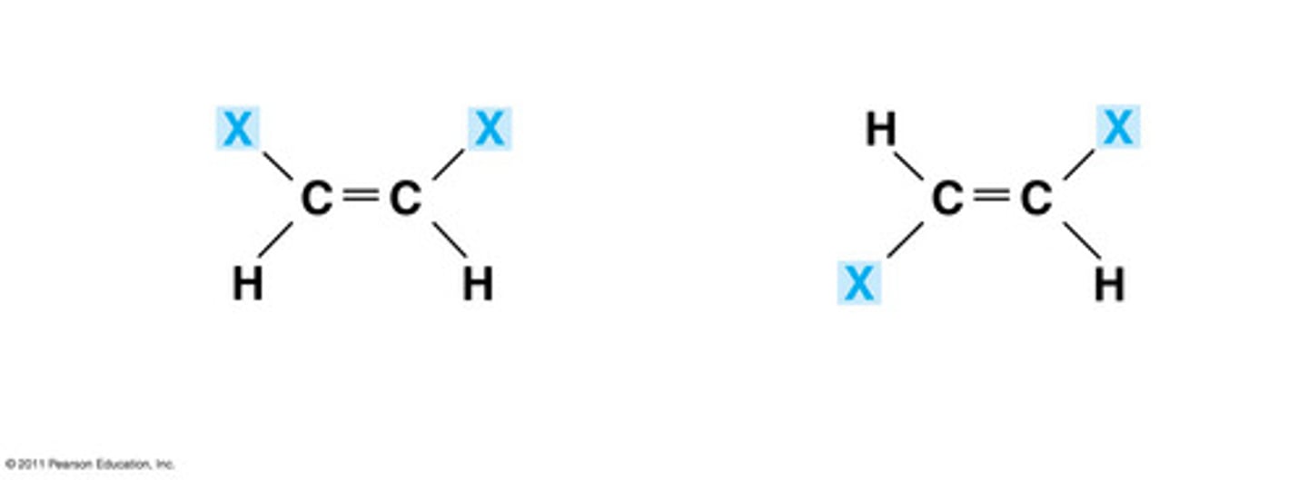 <p>Compounds that have the same atoms, but have a different arrangement of atoms around a double bond</p>