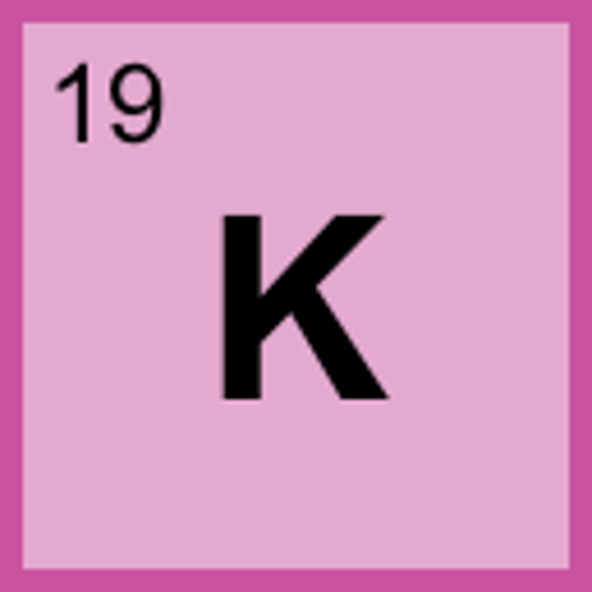 <p>Symbol: K<br>Atomic Mass: 39.10<br>Atomic Number: 19</p>