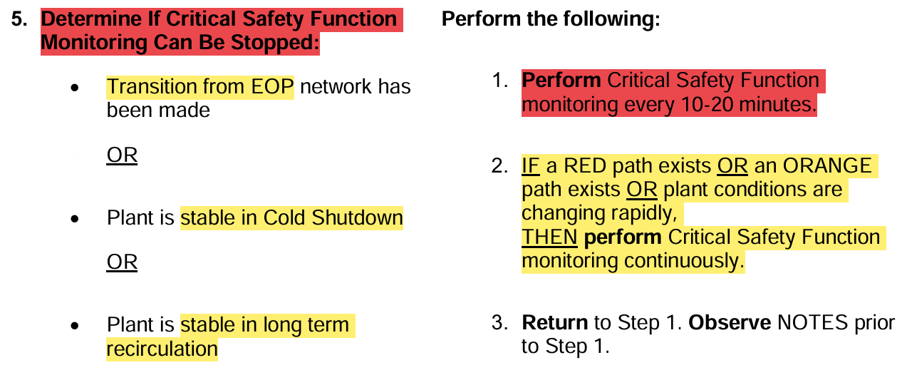 <p><strong>ANY </strong>bullet sufficient to stop</p><p></p><p>Normal: 10-20min monitoring</p><p>Red/Orange: Continuously</p>