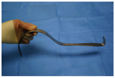 <p>Nickname: Deaver, shown holding the working end as if passing to the surgeon</p><p>Use: Retracts deeper surgical planes, holds moistened lap sponges against tissue</p><p>Features: Flat, thin handle with end crafted to cradle the hand, variations available-hollow, lamb, and grip</p>