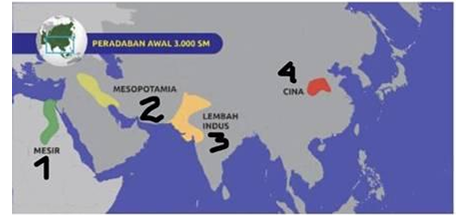 <p>Peta diatas menunjukkan lembah peradaban Eufrat dan Tigris terdapat pada nomor…</p>