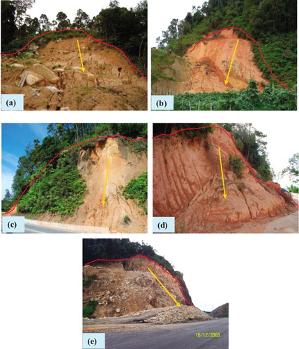 <p>the downhill movement of rock and soil because of gravity. Can happen rapidly or slowly.</p>
