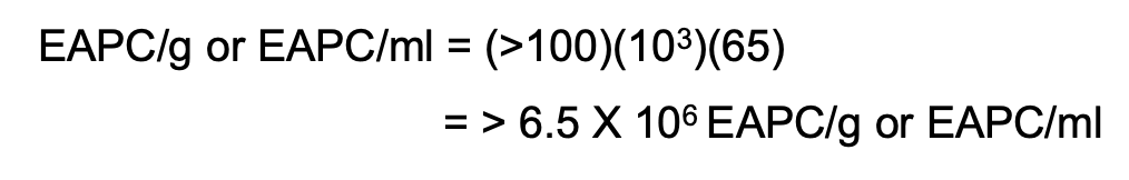 <p><em>EAPC CFU / mL = &gt;100 (DF) (area of the plate)<br>area of plate = 65 cm<sup>2</sup></em></p>