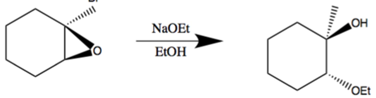 <p>Epoxide -&gt; SN2 w/ NaEtO</p><p>or: R-MgBr, R-alkyne Na+, R2CuLi</p><p>regioselctive and stereoselective</p><p>nucleophile (OEt) reacts the less substituted carbon</p>