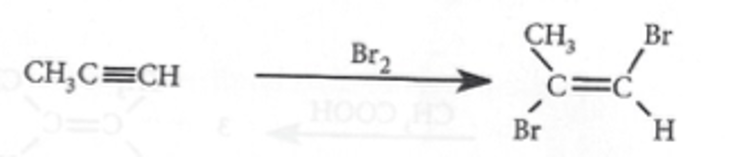 <p>addition of a halogen gives a dihaloalkene; the halogen atoms are added anti to one another</p><p>same mechanism as addition to alkenes</p><p>follows Markovnikov's rule</p>