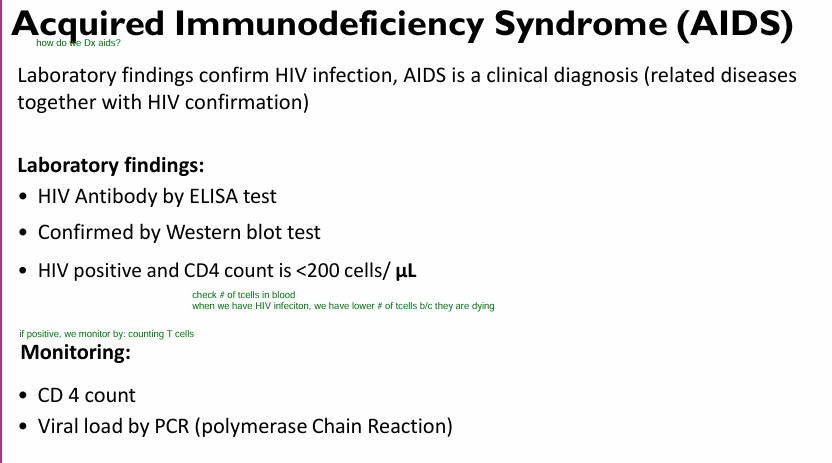 <p>Lab findings:<br>- CD4 count &lt;200cells/nanoL</p><p></p><p>Monitor via:<br>- PCR or CD4 count</p>