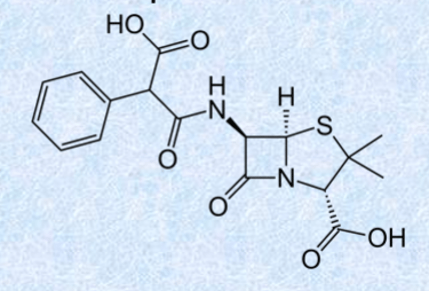 <p>carbenicillin: first example</p><p>– COOH gives broad spectrum activity</p><p>– increased negative charge (2 charge)</p><p>– gram negative active (ilucing P. aeruginosa) but little gram positive</p>