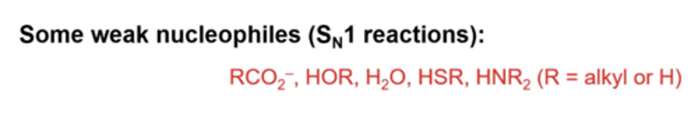 <p>RCO2-, HOR, H2O, HSR, HNR2</p><p>-these O, S, or N only have lone pairs, but are not as strong as negative charges</p><p>R: alkyl or H</p>