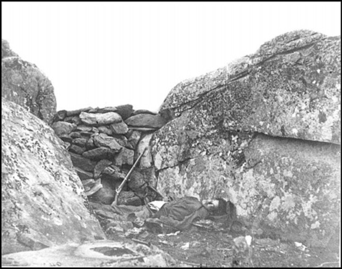 <p>Alexander Gardner, 1863. Corpse was dragged to this location to create a dramatic narrative</p>