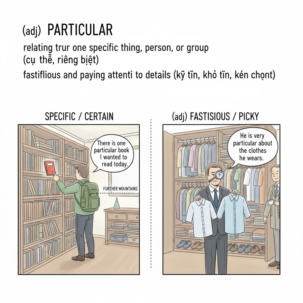 <ol><li><p><strong>relating to one specific thing, person, or group</strong> </p></li></ol><p>(cụ thể, riêng biệt)</p><ol start="2"><li><p><strong>fastidious and paying attention to details</strong> </p></li></ol><p>(kỹ tính, khó tính, kén chọn)</p><p></p>