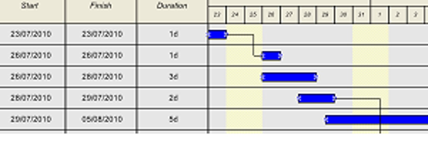 <p>Shows activities against time</p><p>Bar graph with activities on left and dates on top</p>