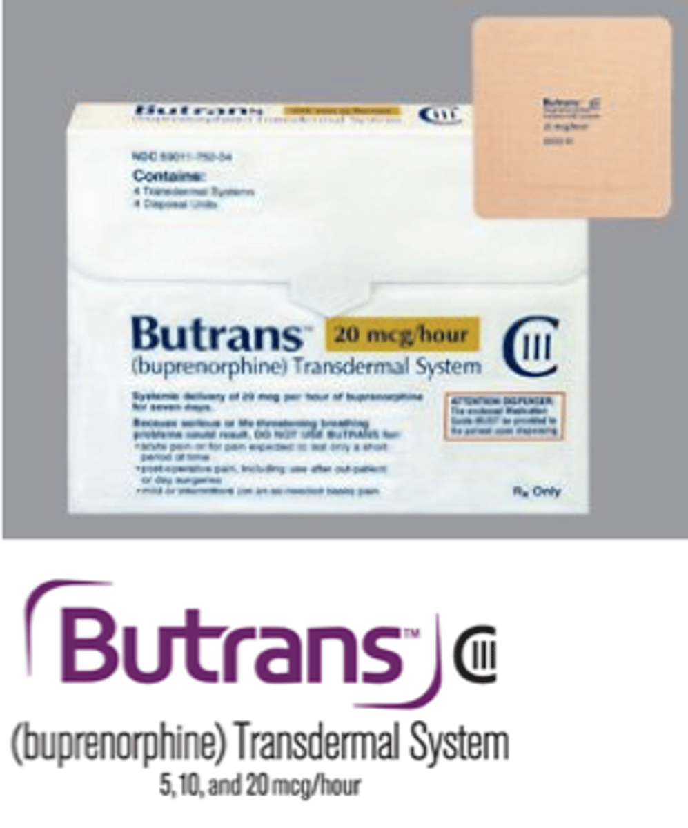 <p>buprenorphine patch</p><p>(tx opioid abuse)</p>