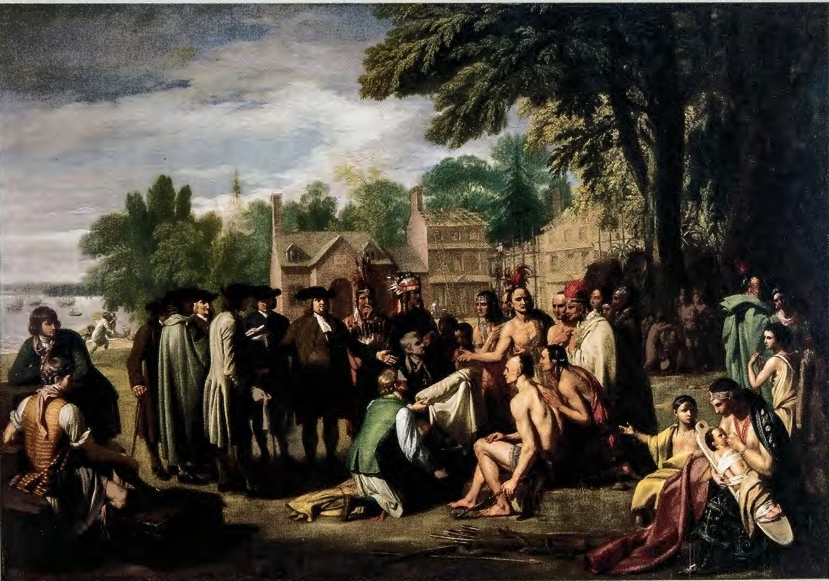 <p><strong>Description</strong>: </p><ul><li><p>Penn and the British had an agreement with the Indians under a giant Elm tree over the exchange of land, signified with the cloth that is handed over to the Natives</p></li><li><p>Painting was made 100yrs after Quaker plan (shown with advanced buildings in background) Treaty was made to appear as a calm exchange between equals.</p></li><li><p>Painting was commissioned by Penn’s son, who glorified his father, and Quaker Ideals</p></li><li><p>Painting served as propaganda for the good and inclusive Quaker Ideals, as relationship between Natives and British became worse with more land disputes</p></li></ul><p>(Late Colonial/Revolutionary Era)</p>