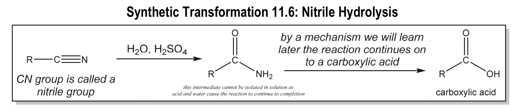 <ul><li><p>nitrile group → caboxylic acid</p></li></ul><p></p>