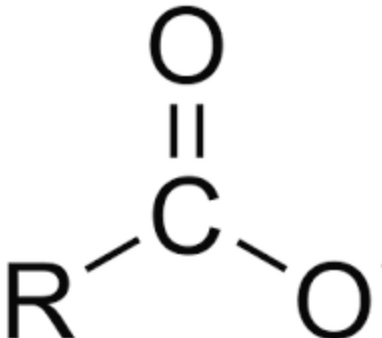 <p>One Carbon atom is double bonded to a Oxygen and single bonded to another Oxygen</p>