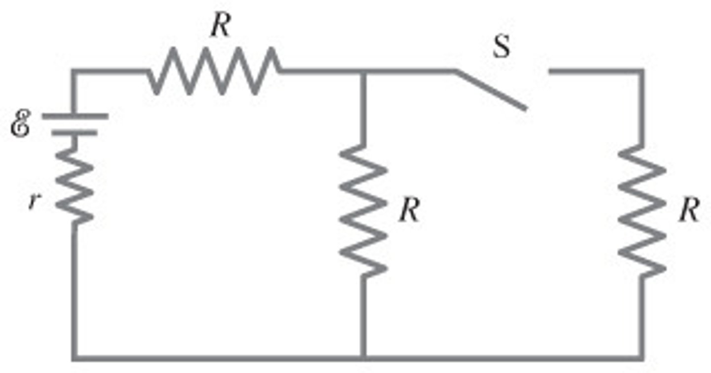 <p>Needed equations:<br>V_terminal = E - Ir<br><br>A) I = E/R<br>R for this circuit = (R/2) + R + r = (3/2)R + r<br>Plug in.<br><br>B) R for this circuit = 2R + r<br>Same as above.</p>