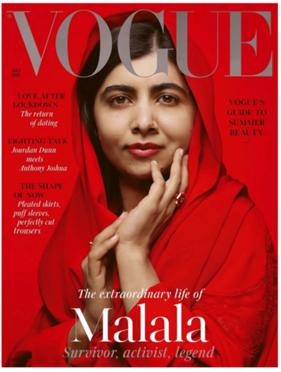 <p>-perhaps she is an unlikely cover model for a fashion magazine, but this effect immediately anchors her as a Vogue star</p><p>-the use of the same silver-grey colour for this caption and the Vogue masthead links and reinforces the message that she is a Vogue role model</p>