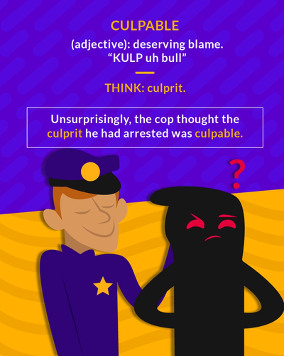 <p>(adj.) deserving blame</p>