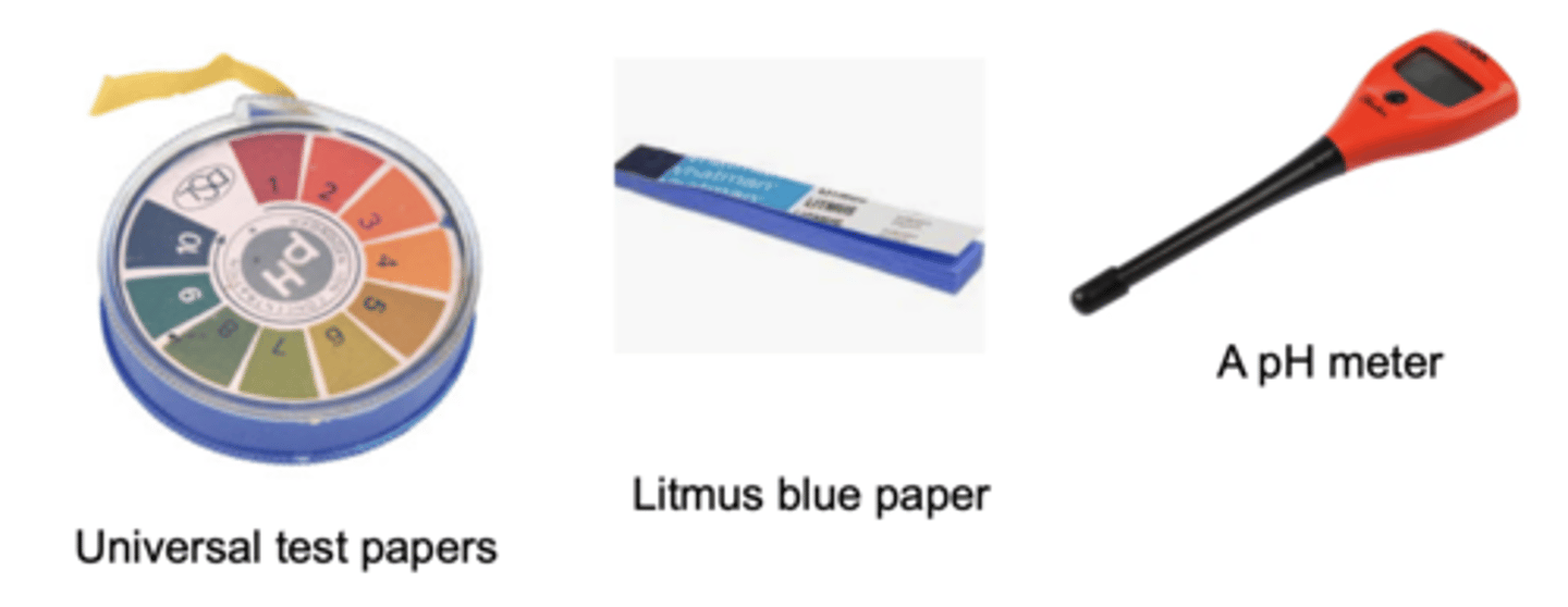 <p>- Indicator paper / soloution e.g. universal indicator</p><p>- pH meter (much more accurate pH reading)</p>