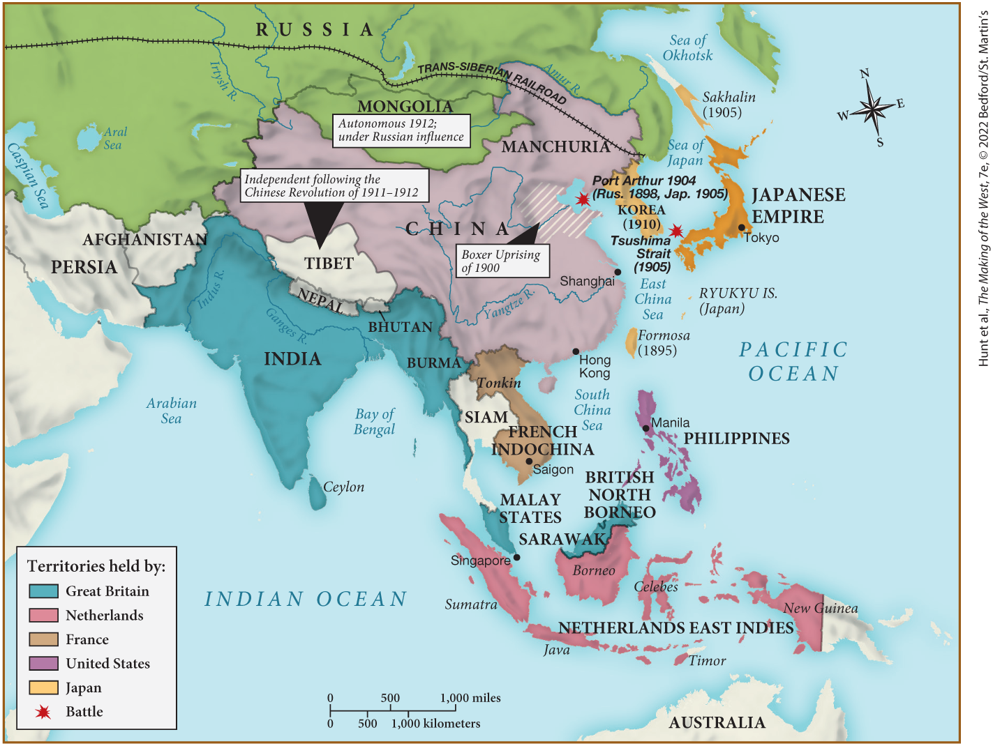 <p><span><span>According to this map, Great Britain controlled which of the following territories during the late nineteenth and early twentieth centuries?</span></span></p>