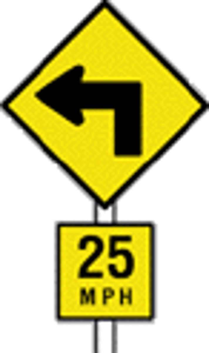 <p>An advisory speed sign; it has an arrow turning with a small sign with the speed limit under it.</p>