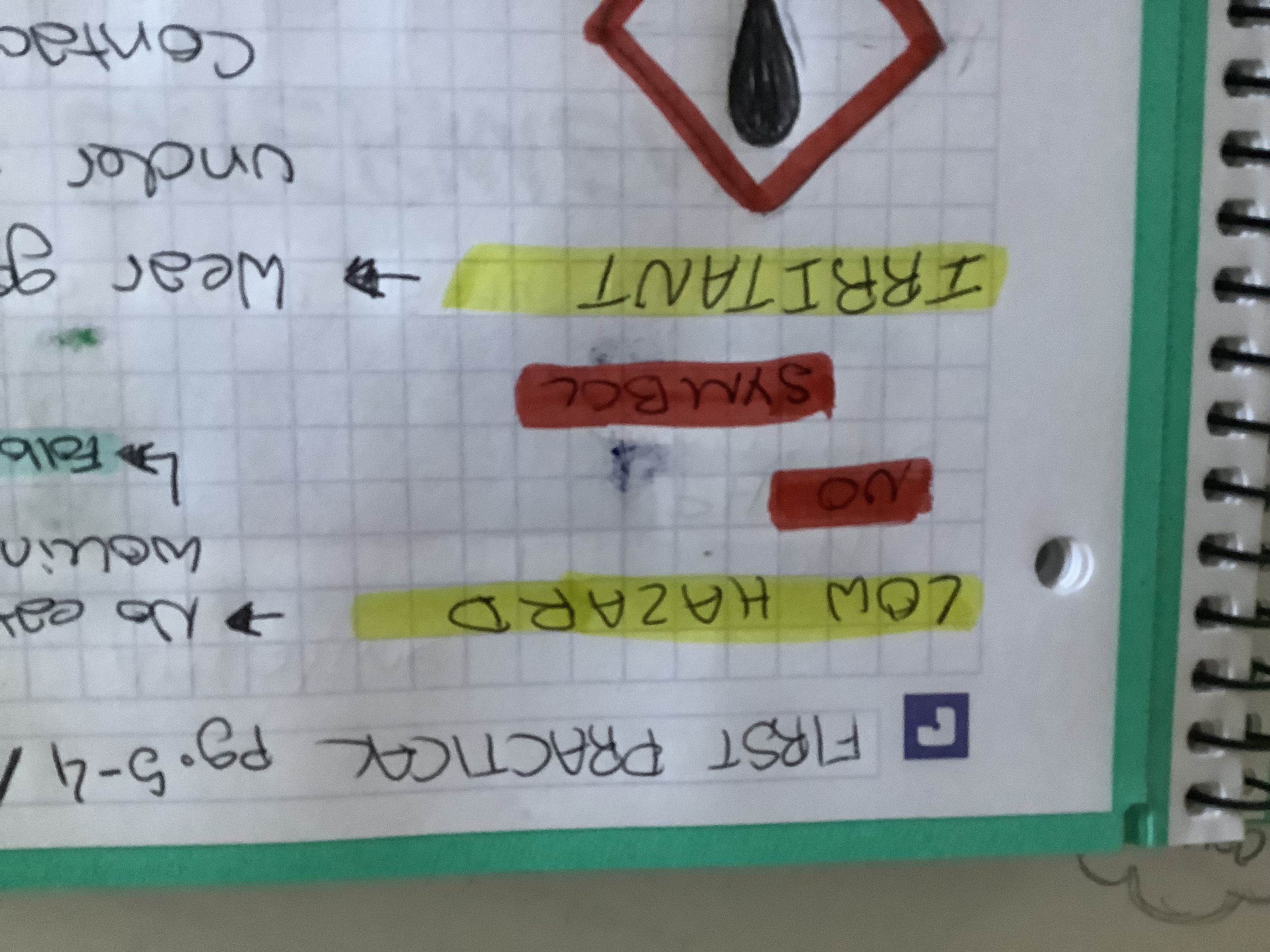 <p>No symbol. No eating/drinking, hair tied back, working= standing up, clear desk. Follow all standard practical rules.</p>