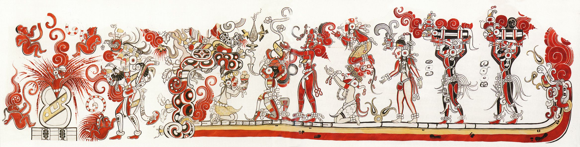 <p>Late Formative. Paintings at the top of a wall inside a pyramid. Located on North Wall. Olmec symbols like blood swirls, babies born out of a gourd, monster mouth with crossed bands, jaguar, quincunx. Maize God holds gourd (symbol of agriculture or fertility)</p>