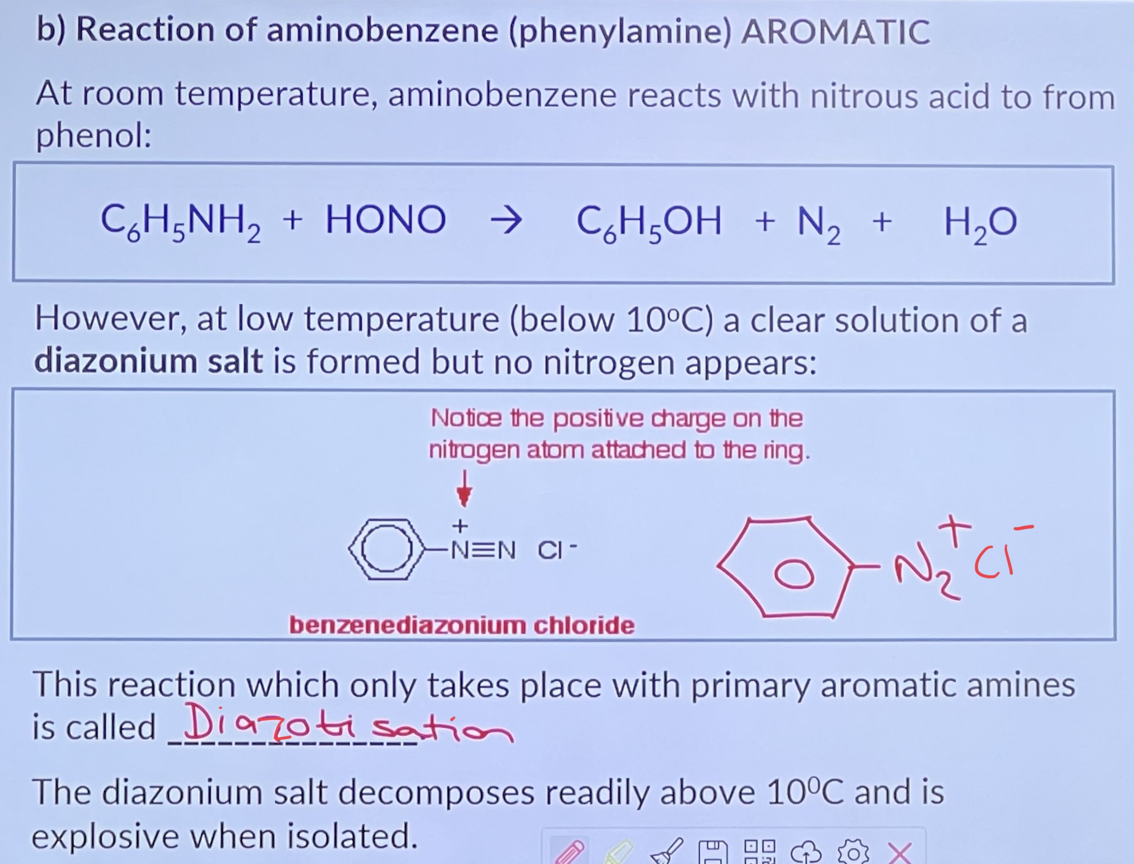 <p>Aliphatic amines do form diazonium salts under the same conditions but they are unstable and decompose rapidly.</p><p>The diazonium ion is positively charged and has weak electrophilic properties. In the presence of OH ions it reacts with activated aromatic rings e.g. phenol, 2-naphthol, to form other organic compounds by means of coupling reactions.</p>