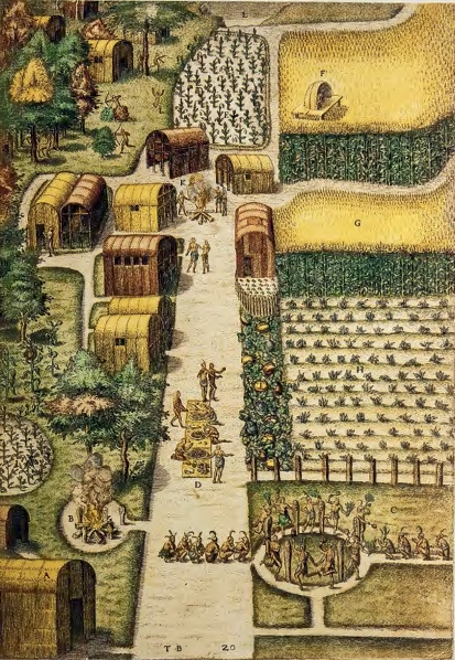 <p><strong>Description</strong>: </p><ul><li><p>(<strong>2.4</strong>): Displays <strong>Algonkian town of Secota</strong>, seen as organized with tobacco, corn, and squash fields. Included dancing ground toward the far right and buildings made by Algonkian women under shaded trees.</p></li><li><p>(<strong>2.5</strong>): Displays Algonkians way of fishing of where they kept the fish and how they caught them. Drew intricate species and designs of the fish. His painting of the Algonkian’s way of fishing shows his intellect and ability to distinguish between different species of fish through observing.</p></li><li><p>(<strong>2.6</strong>): His painting shows his knowledge on fish by his depiction of fish gills, fins, pattern, and the coloration. Represents the knowledge of Europeans and the world, allowing them to colonize and take over the Native people’s lands. They emphasized the marketable commodities and land to colonize.</p></li></ul><p>(English Colonies)</p>
