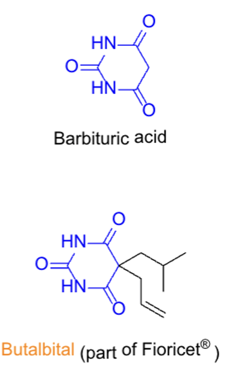 <p>- butalbital</p><p>- GABAergic (positive allosteric modulator that enhances GABA activity)</p><p>- CNS effects (sedation), potential for addiction</p>