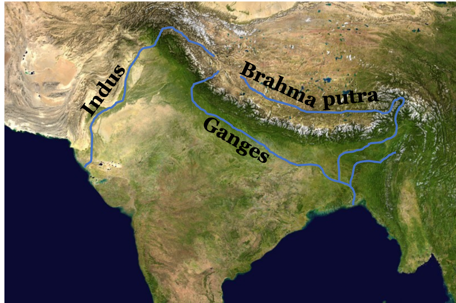 <p>(starting on left, moving right/up) Indus Ganges Brahma putra</p>