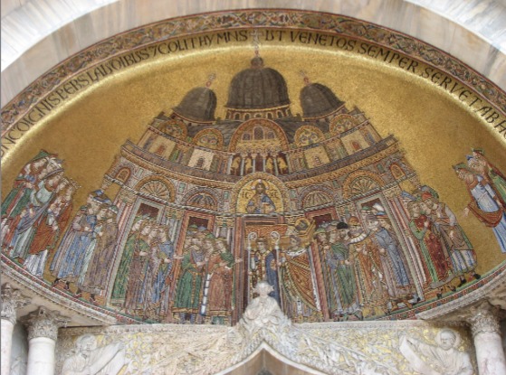 <p>The body of Saint Mark, Basilica of San Marco, Venice, Italy, begun 928. Only mosaic to survive depicting people bringing back the body of Saint Mark.  </p>