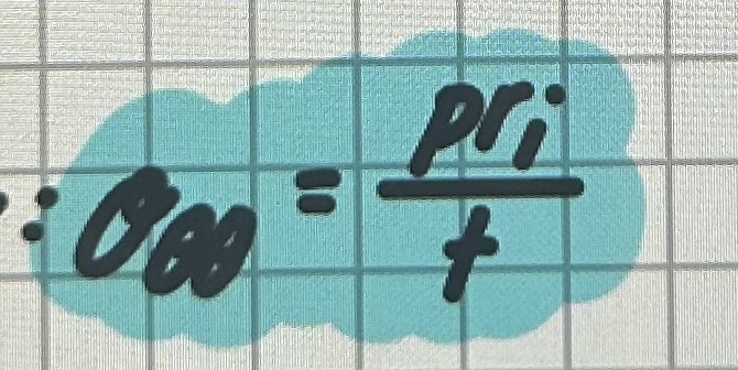 <p>circumferential stress is assumed to be UNIFORM and can be approximated by formula in picture</p><ul><li><p>p: internal pressure </p></li><li><p>ri: inner radius </p></li><li><p>t: wall thickness</p></li></ul><p></p>