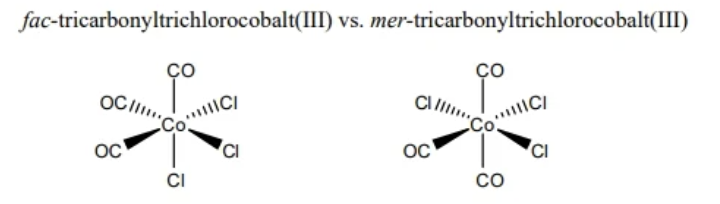<p>occurs only in octahedral complexes</p><p>3 identical ligands are either neighboring (fac) or across (mer)</p>
