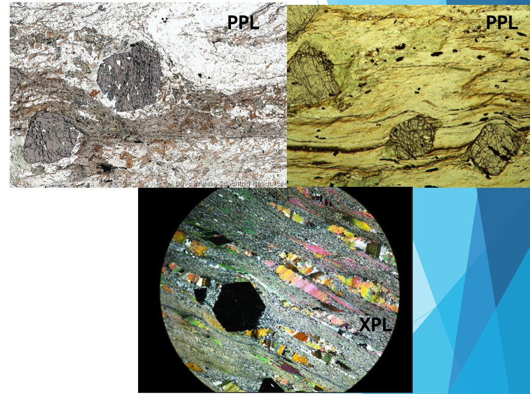 <p><span><strong>Solid solution series mineral</strong></span></p><p><span><strong>Orthosilicates (nesosilicates)</strong></span></p><p><span><mark data-color="#c2f3be" style="background-color: #c2f3be; color: inherit">X<sub>3</sub>Y<sub>2</sub>(SiO<sub>4</sub>)<sub>3</sub></mark></span></p><ul><li><p><span>X can be Ca, Mg, Fe, Mn, or other divalent cations</span></p></li><li><p><span>Y can be Al, Fe, Cr, or other trivalent cations</span></p></li></ul><ul><li><p><span><strong>Pyralspite Group</strong></span></p><ul><li><p><span>Almandine</span></p></li><li><p><span>Pyrope</span></p></li><li><p><span>Spessartine</span></p></li></ul></li><li><p><span><strong>Grandite Group</strong></span></p><ul><li><p><span>Andradite</span></p></li><li><p><span>Grossular</span></p></li><li><p><span>Hydrogrossular</span></p></li></ul></li></ul><p><span><strong>Hand Sample </strong></span></p><ul><li><p><span>H ~6.5 to 7, typically dark red in color but can be pretty much any color, dodecahedral crystal habit, minor conchoidal fracture</span></p></li></ul><p><span><strong>PPL </strong></span></p><p><span>Round habit, high relief, no cleavage, high relief fractured, no pleochroism, often inclusion-rich</span></p><p><span><strong>XPL </strong></span></p><p><span>Isotropic (extinct in 360 )</span></p><p></p>