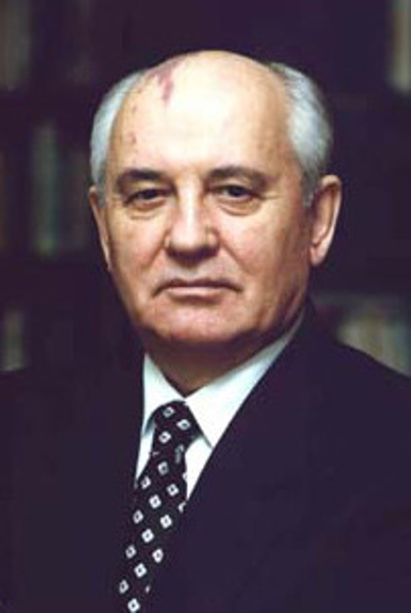 <p>Soviet leader that saw improved relations with Reagan, instituted glasnost and perestroika which helped lead to the downfall of the Soviet Union</p>